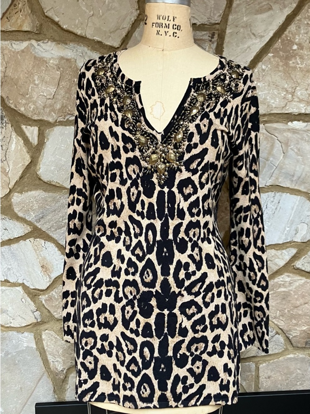 INC Brand Leopard Print Embellished V-Neck Long Sleeve Top - Black & Cream